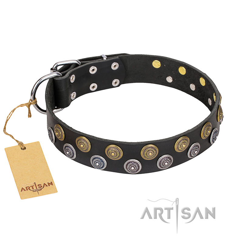 "Romantic Breeze" FDT Artisan Black Leather Black Russian Terrier Collar with Sparkling Circles