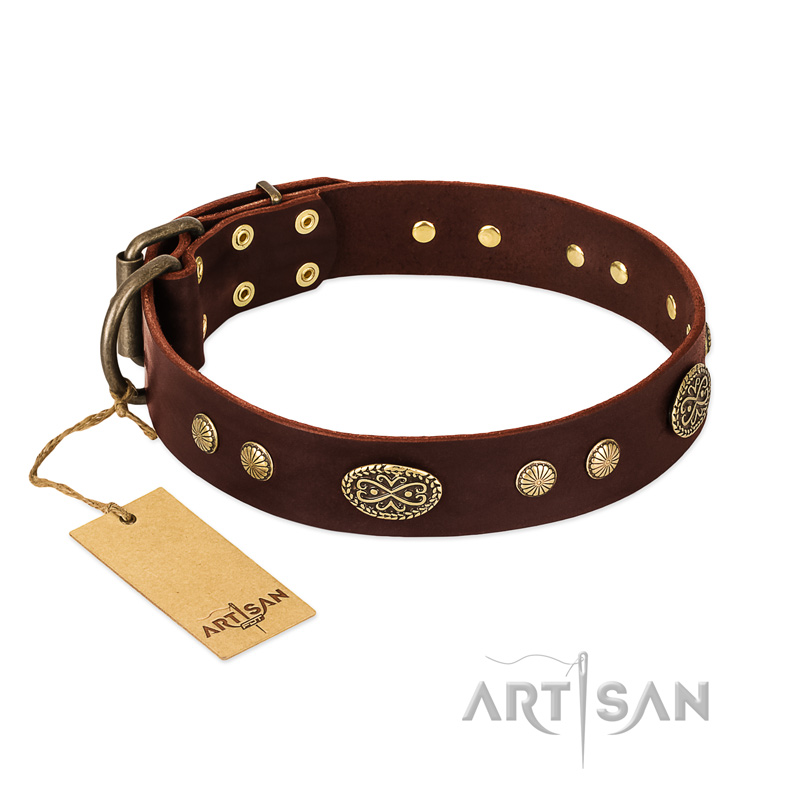 "Old-fashioned Glamor" FDT Artisan Brown Leather Black Russian Terrier Collar with Old Bronze Look Plates and Circles