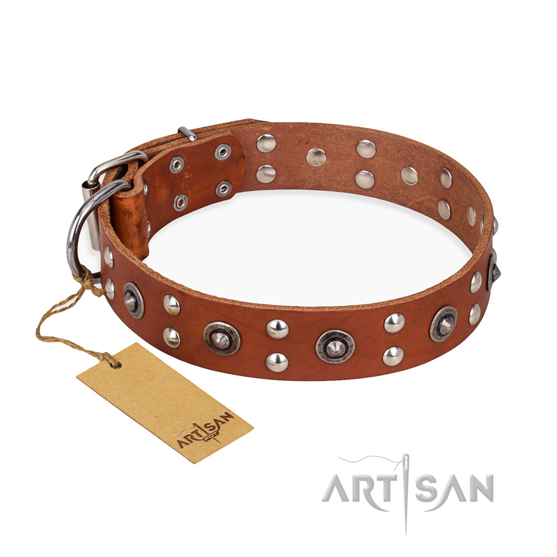"Silver Elegance" FDT Artisan Decorated Leather Black Russian Terrier Collar with Old Silver-Like Plated Studs and Cones