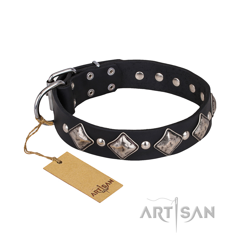 "Silver Charm" FDT Artisan Leather Black Russian Terrier Collar with Silvery-Plated Large Square Studs