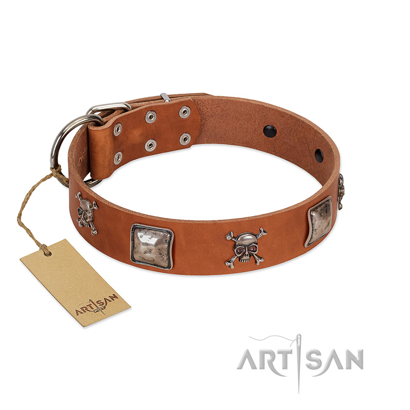 "Amorous Escapade" Embellished FDT Artisan Tan Leather Black Russian Terrier Collar with Chrome Plated Crossbones and Plates