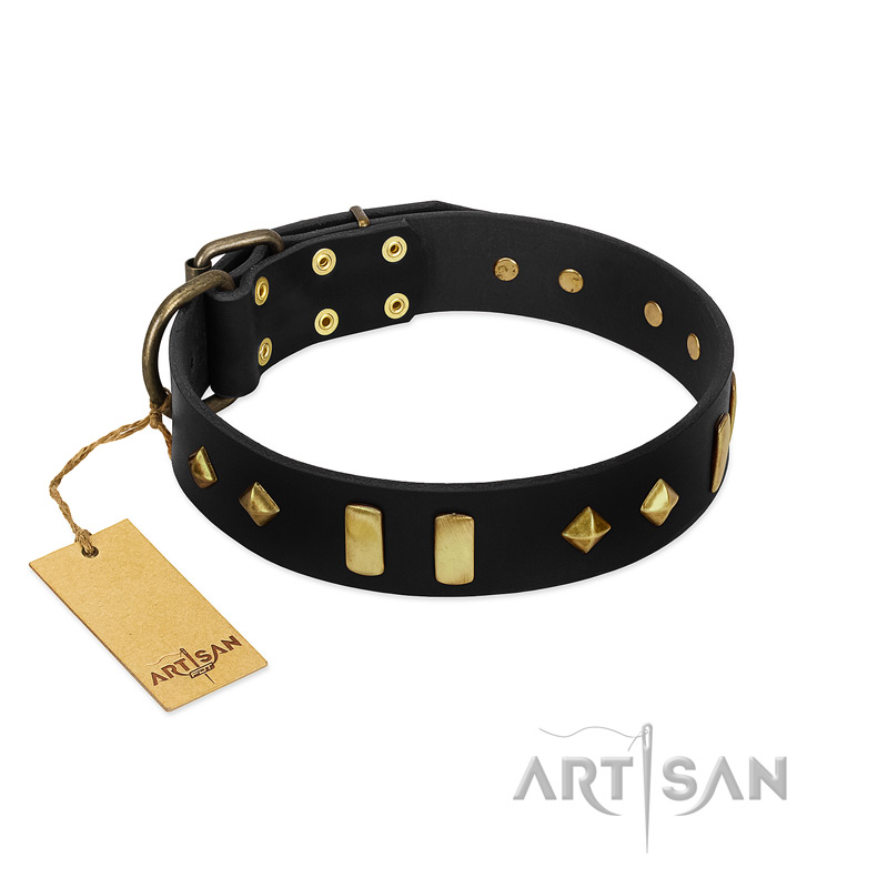 "De Luxe" FDT Artisan Black Leather Black Russian Terrier Collar with Old Bronze-like Plates and Studs