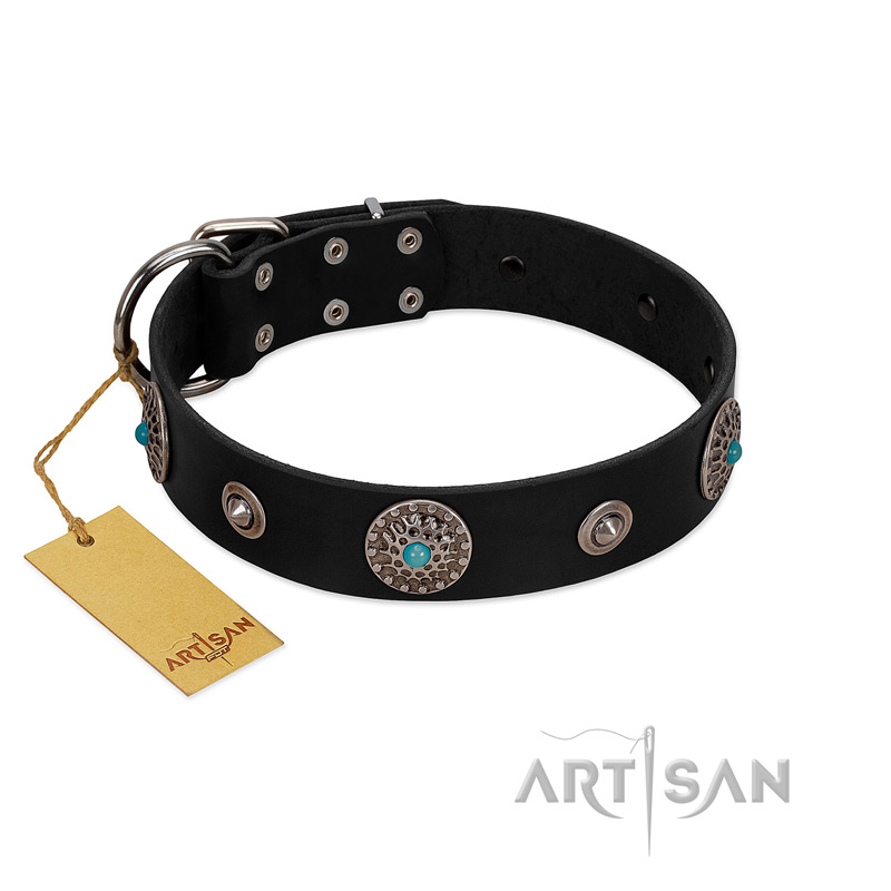 "Blue Gems" FDT Artisan Black Leather Black Russian Terrier Collar with Chrome Plated Studs and Conchos