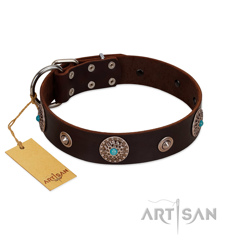 "Magic Stones" FDT Artisan Brown Leather Black Russian Terrier Collar with Chrome Plated Brooches and Studs