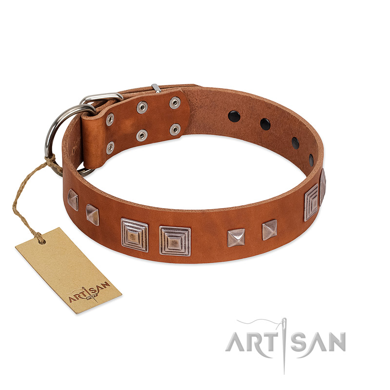 "Egyptian Gifts" Handmade FDT Artisan Tan Leather Black Russian Terrier Collar with Chrome-plated Pyramids