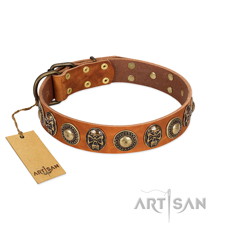 "Golden Epoch" FDT Artisan Tan Leather Black Russian Terrier Collar with Old Bronze-plated Medallions and Conchos