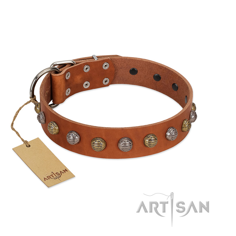 "Dogue-Vogue" FDT Artisan Tan Leather Black Russian Terrier Collar with Engraved Chrome-plated Studs