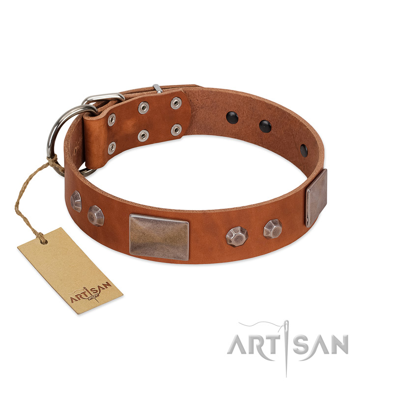 "Great Obelisk" Handcrafted FDT Artisan Tan Leather Black Russian Terrier Collar with Large Plates and Pyramids