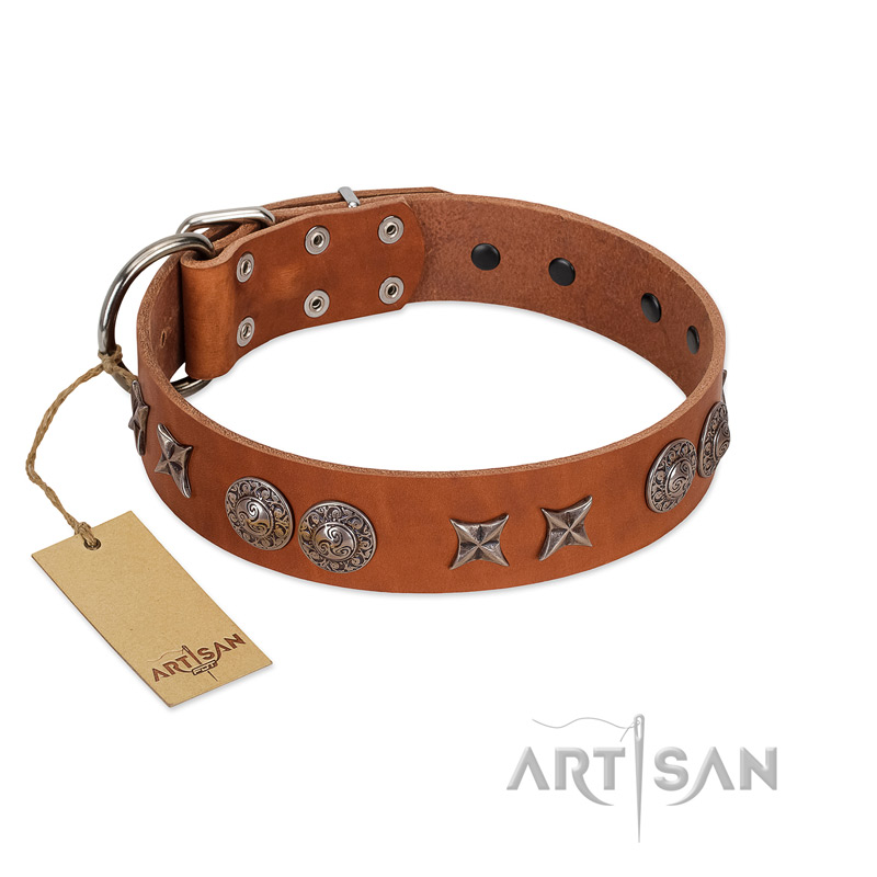 "Splendid Armor" Premium Quality FDT Artisan Tan Designer Black Russian Terrier Collar with Shields and Stars