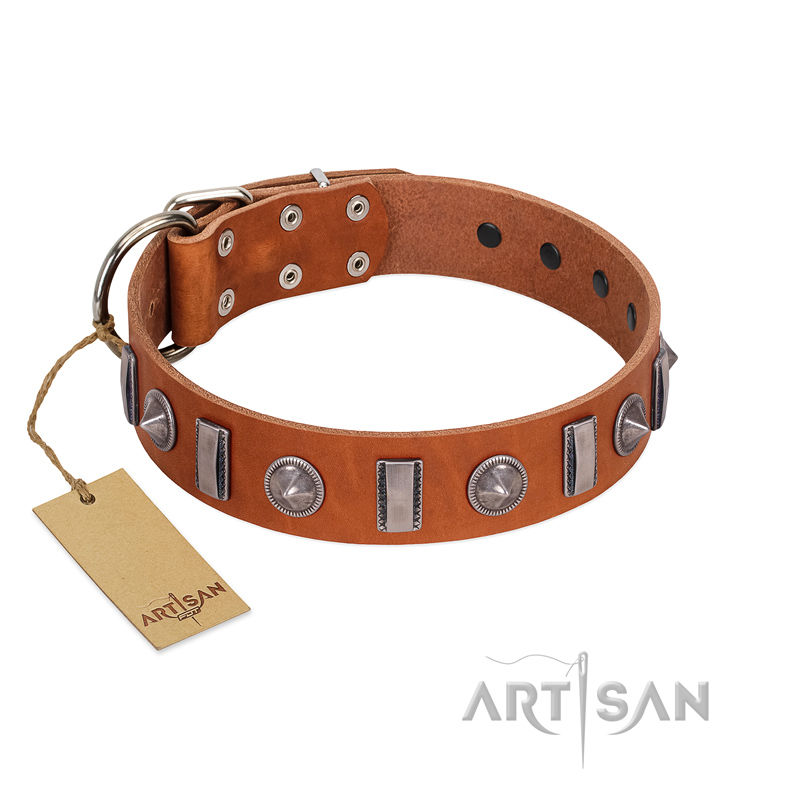 "Luxurious Necklace" FDT Artisan Tan Leather Black Russian Terrier Collar with Silver-Like Adornments