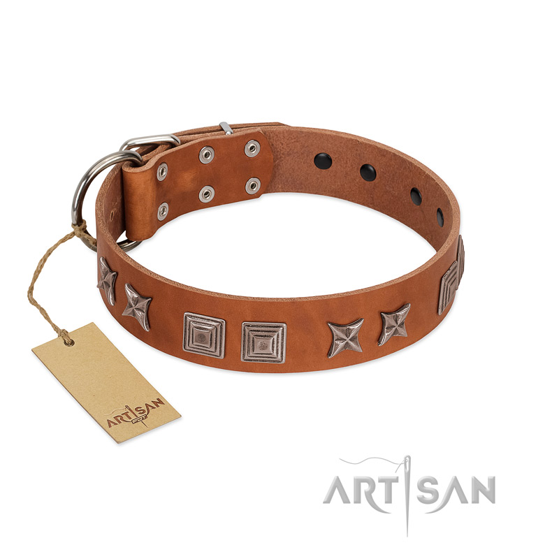 "Antique Figures" FDT Artisan Tan Leather Black Russian Terrier Collar with Silver-like Engraved Plates